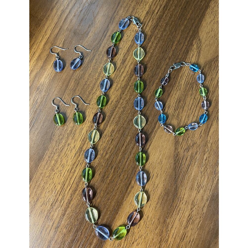 Purple Blue Green Glass Bead Link Necklace, Bracelet and Earring Lot 16"